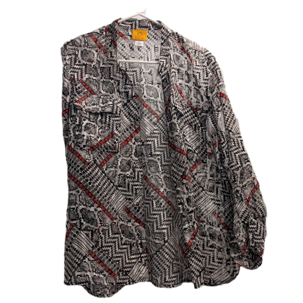 💥 Ruby Rd. Sheer Geometric Patterned Button Down Blouse 14 - Picture 2 of 2